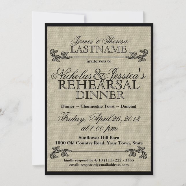 Burlap Vintage Rehearsal Dinner Invitation (Front)