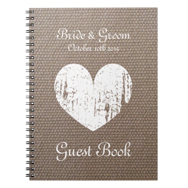 Burlap wedding guest book with rustic heart design (Front)