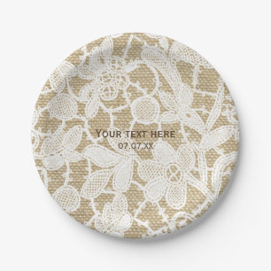 Burlap & White Floral Lace Elegant Rustic Wedding Paper Plate