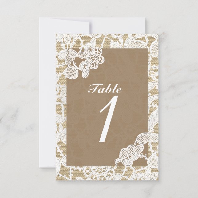 Burlap & White Floral Lace Rustic Table Number (Front)