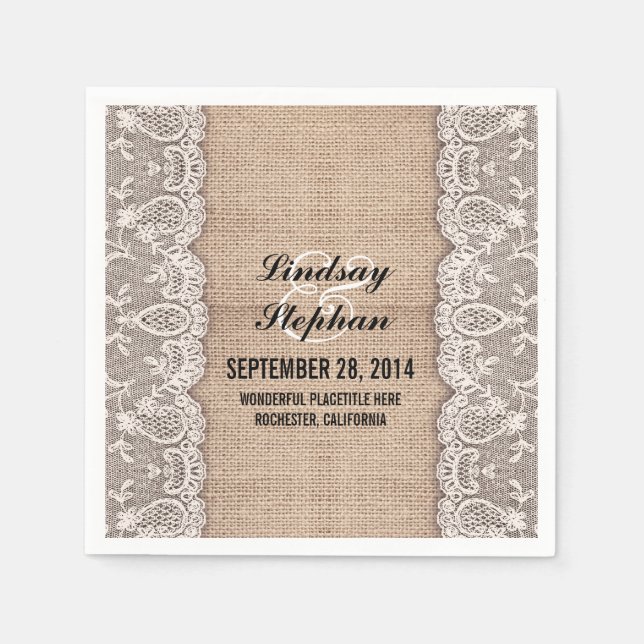 Burlap & white lace beautiful elegant paper napkin (Front)