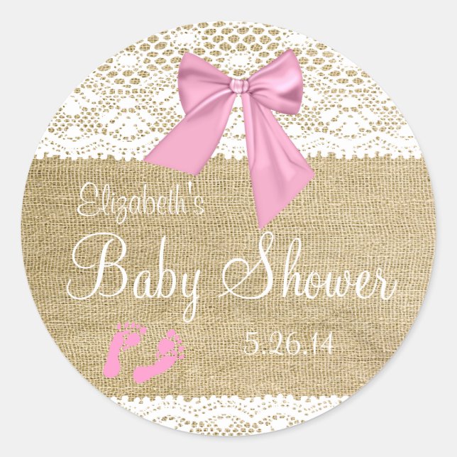 Burlap,White Lace, Pink Bow Baby Shower Classic Round Sticker (Front)