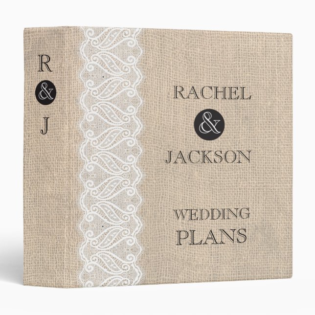 Burlap + White Lace Rustic Wedding Planner Binder (Front/Spine)