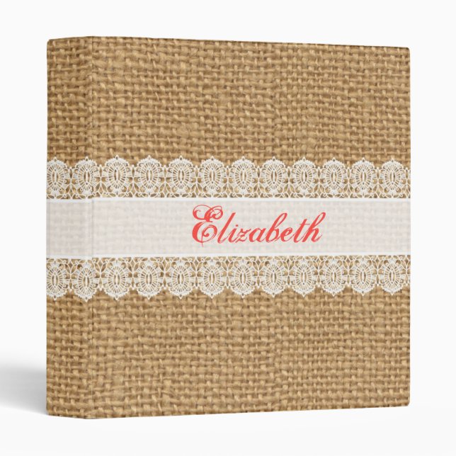 Burlap with Delicate Lace - Shabby Chic Monogram Binder (Front/Spine)