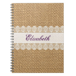 Burlap with Delicate Lace - Shabby Chic Monogram Notebook