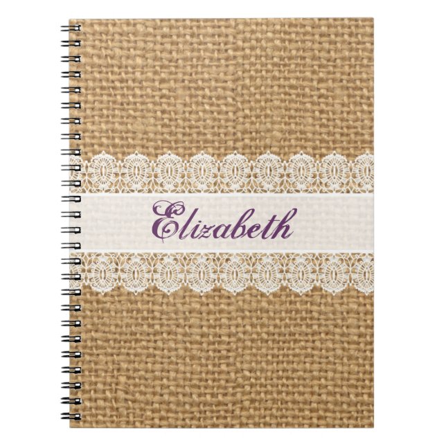 Burlap with Delicate Lace - Shabby Chic Monogram Notebook (Front)