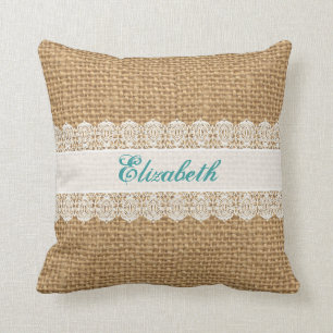 Burlap with Delicate Lace - Shabby Chic Monogram Throw Pillow