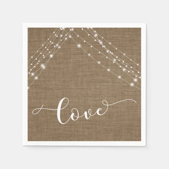 Burlap with White Light Strings & Love Typography Napkin (Front)