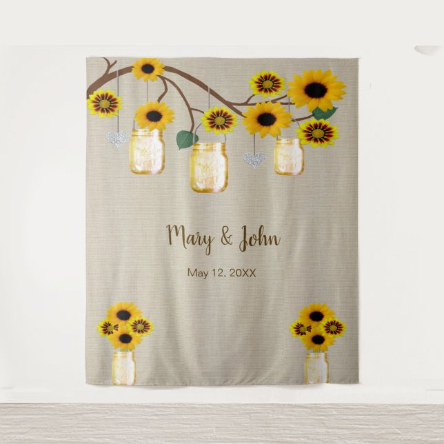 Burlap Yellow Floral Mason Jars Photo Backdrop Tapestry (Front)