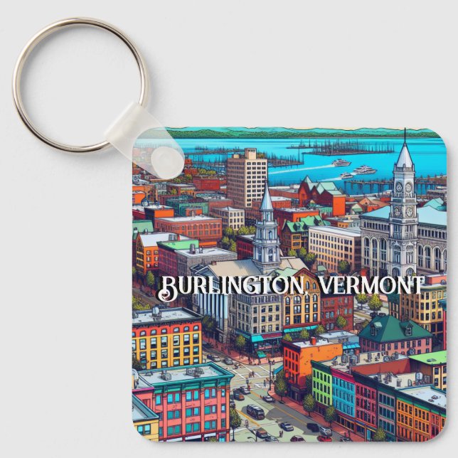 Burlington, Vermont Comic Book Style Art Keychain (Front)