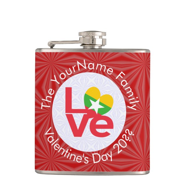 Burma Myanmar Red LOVE Flag Personalized  Hip Flask (Front)