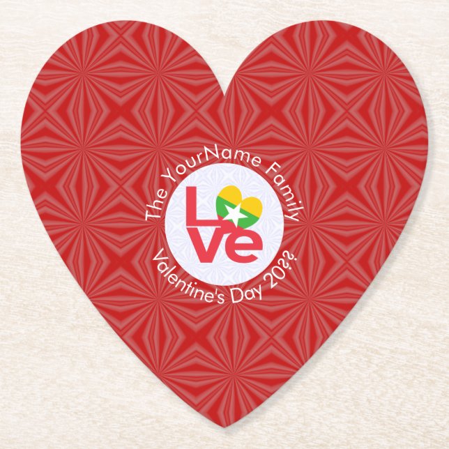 Burma Myanmar Red LOVE Flag Personalized  Paper Coaster (Front)