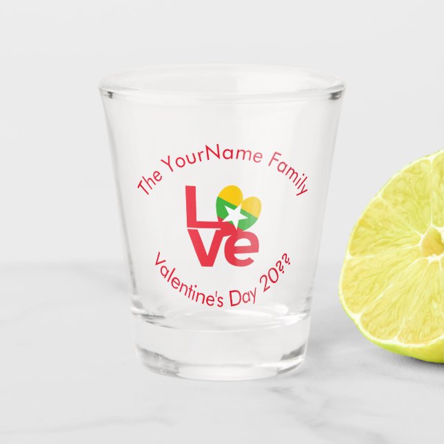 Burma Myanmar Red LOVE Flag Personalized  Shot Glass (Front)