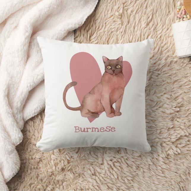 Burmese Cat Watercolor Kitty Pink Heart Throw Pillow (Blanket)