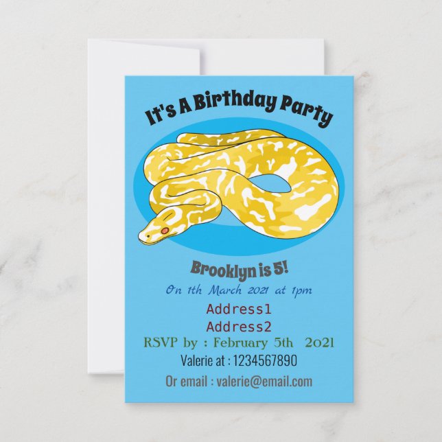 Burmese python snake cartoon illustration  invitation (Front)