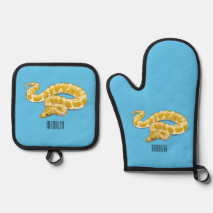 Burmese python snake cartoon illustration oven mitt & pot holder set