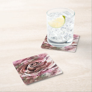 Burned Coral and Desert Mist Artistic Rose Square Paper Coaster