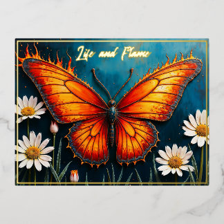 Burning butterfly bright fiery monarch wings art foil holiday postcard
