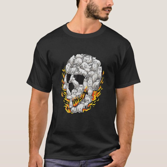 Burning Cat Skull Bone Head Skeleton Skull T-Shirt (Front)