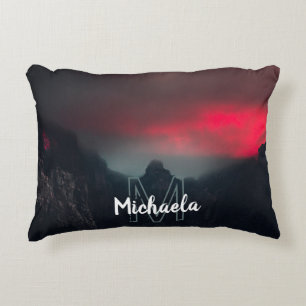 Burning clouds, fog and mountains monogram accent pillow