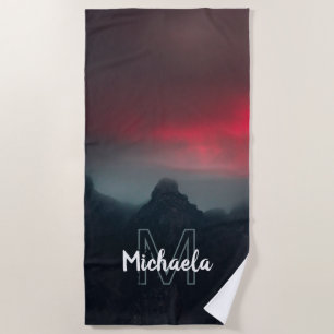 Burning clouds, fog and mountains monogram beach t towel