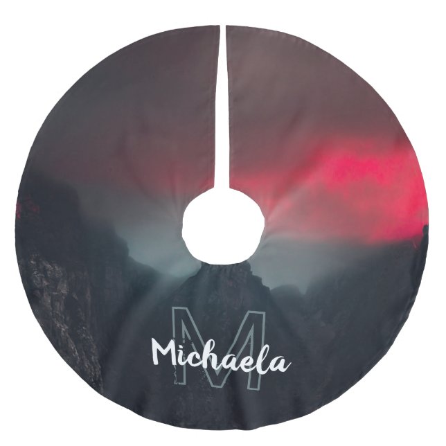 Burning clouds, fog and mountains monogram brushed polyester tree skirt (Front)