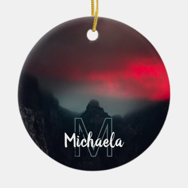 Burning clouds, fog and mountains monogram ceramic ornament (Front)