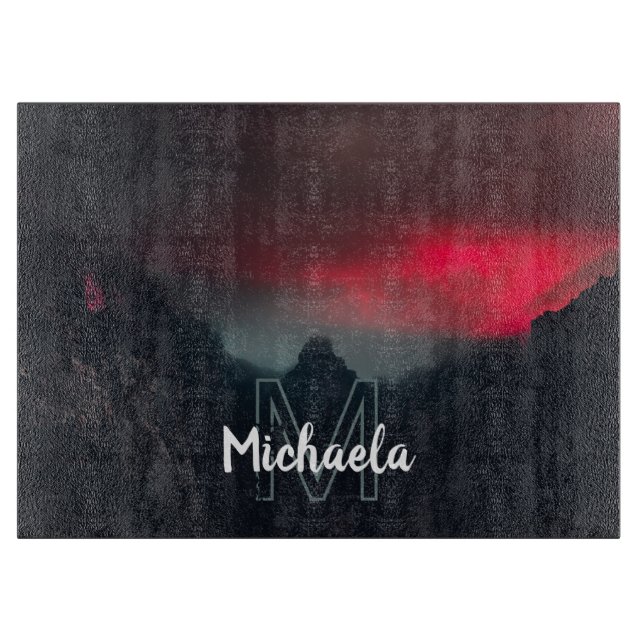 Burning clouds, fog and mountains monogram cutting board (Front)