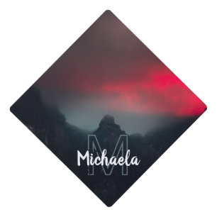 Burning clouds, fog and mountains monogram graduation cap topper