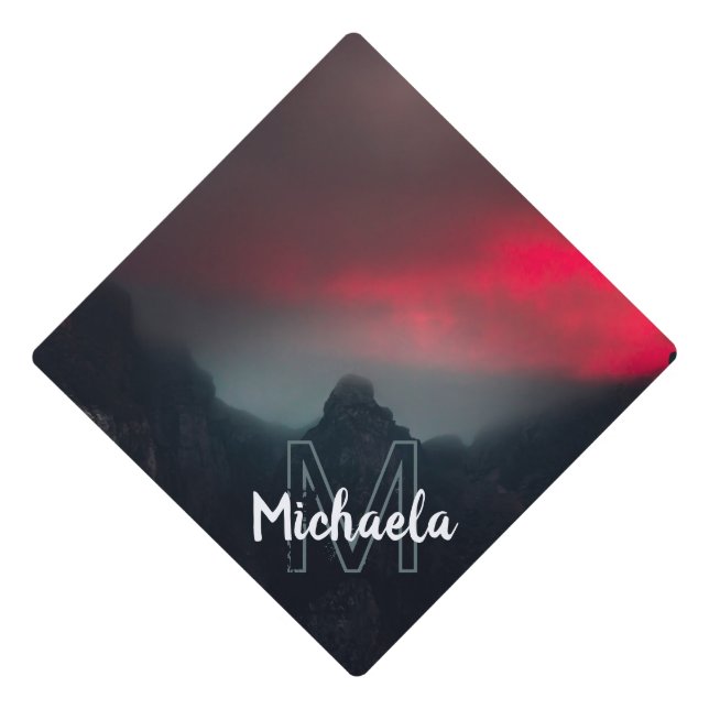 Burning clouds, fog and mountains monogram graduation cap topper (Front)