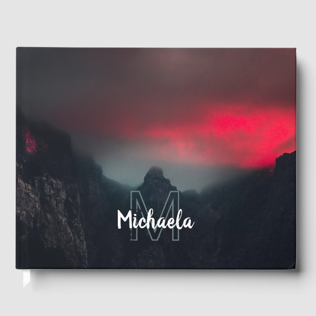 Burning clouds, fog and mountains monogram guest book (Front)