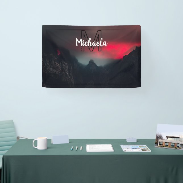 Burning clouds, fog and mountains monogram in sky banner (Tradeshow)