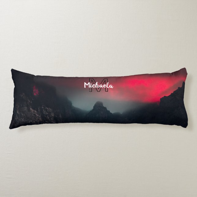 Burning clouds, fog and mountains monogram in sky body pillow (Front)