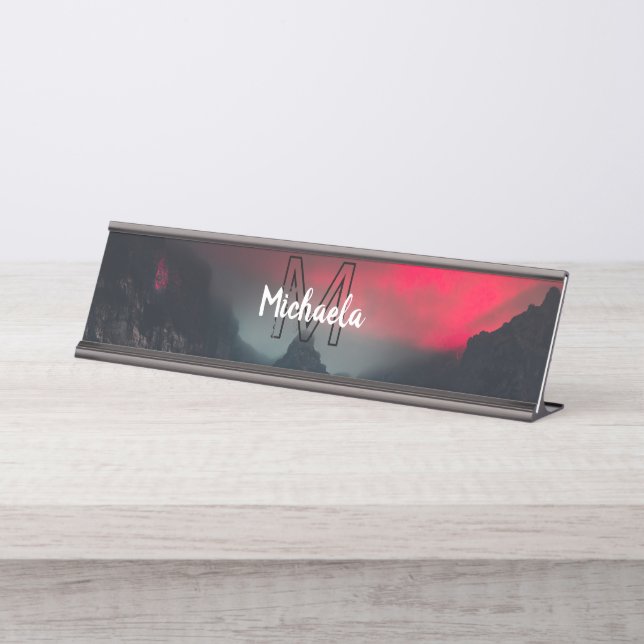 Burning clouds, fog and mountains monogram in sky desk name plate (Front)