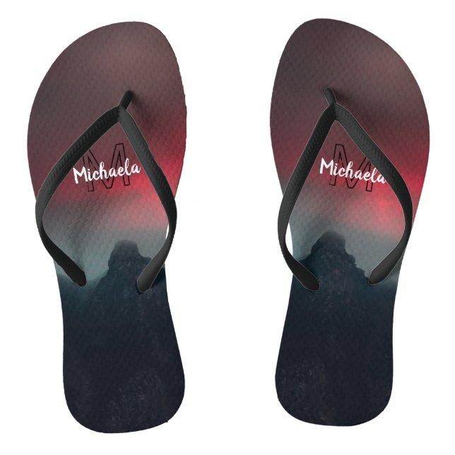 Burning clouds, fog and mountains monogram in sky flip flops (Footbed)