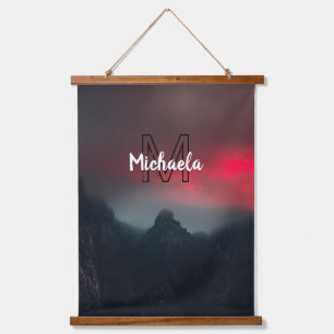 Burning clouds, fog and mountains monogram in sky hanging tapestry