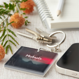 Burning clouds, fog and mountains monogram in sky keychain