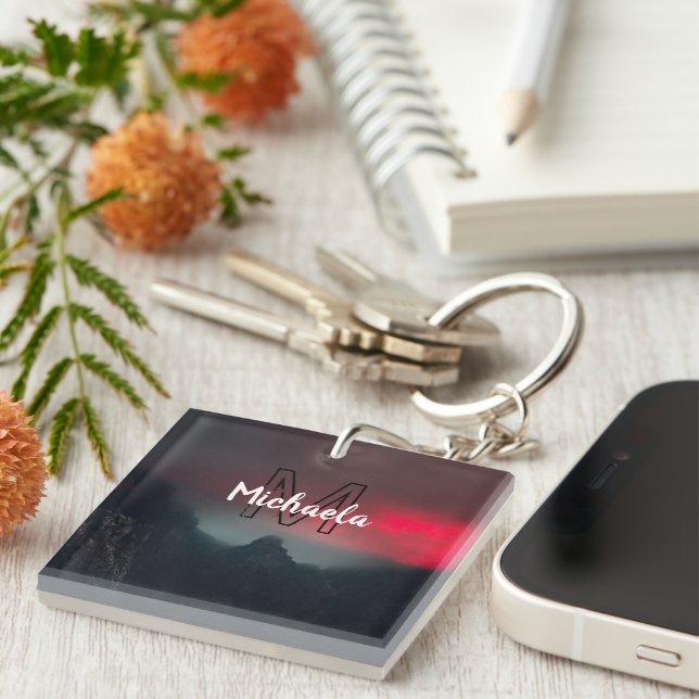 Burning clouds, fog and mountains monogram in sky keychain (Front Right)