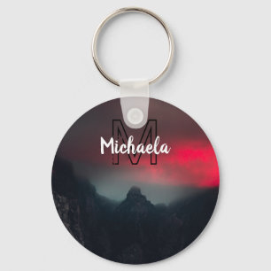 Burning clouds, fog and mountains monogram in sky keychain