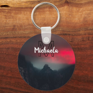 Burning clouds, fog and mountains monogram in sky keychain