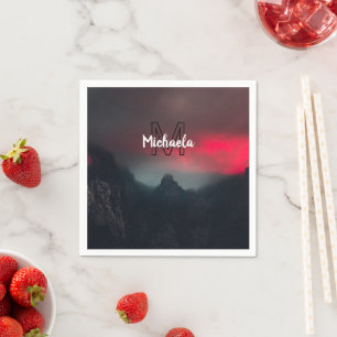 Burning clouds, fog and mountains monogram in sky napkin