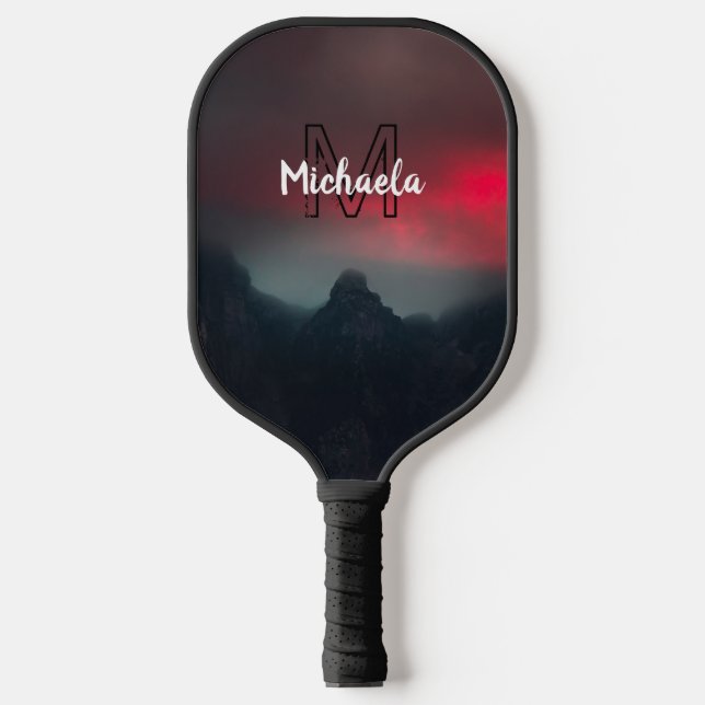 Burning clouds, fog and mountains monogram in sky pickleball paddle (Front)
