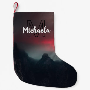 Burning clouds, fog and mountains monogram in sky small christmas stocking