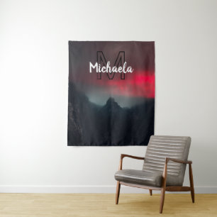 Burning clouds, fog and mountains monogram in sky tapestry