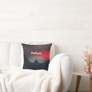Burning clouds, fog and mountains monogram in sky throw pillow