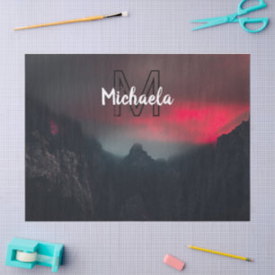 Burning clouds, fog and mountains monogram in sky tissue paper