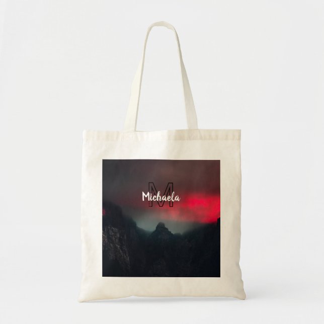 Burning clouds, fog and mountains monogram in sky tote bag (Front)