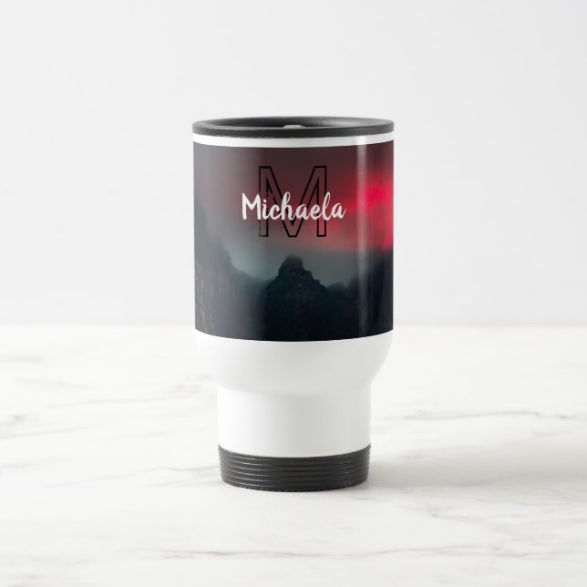 Burning clouds, fog and mountains monogram in sky travel mug (Center)