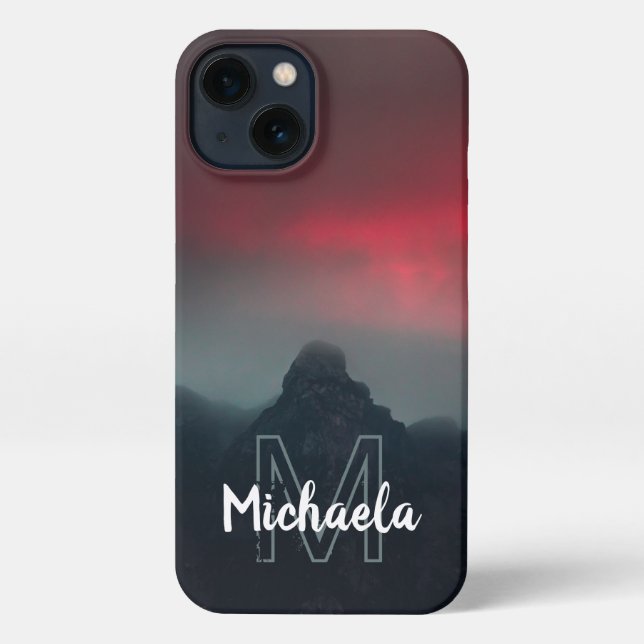 Burning clouds, fog and mountains monogram iPhone case (Back)