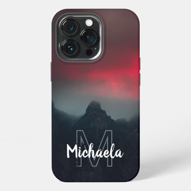 Burning clouds, fog and mountains monogram iPhone case (Back)